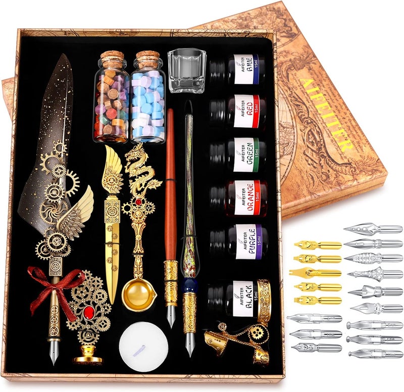 Aifeiter Feather Pen Ink Set - 6 Bottles of Ink, Quill Pen, Glass & Wooden Dipping Pens, 8 Sheets of Writing Paper, Envelope, Wax Granules, Round Wax, Seal, Spoon, Pen Holder (Grey) - Image 1